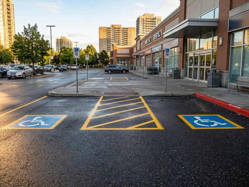Accessible stalls with curb cut at a Yonge and Sheppard plaza