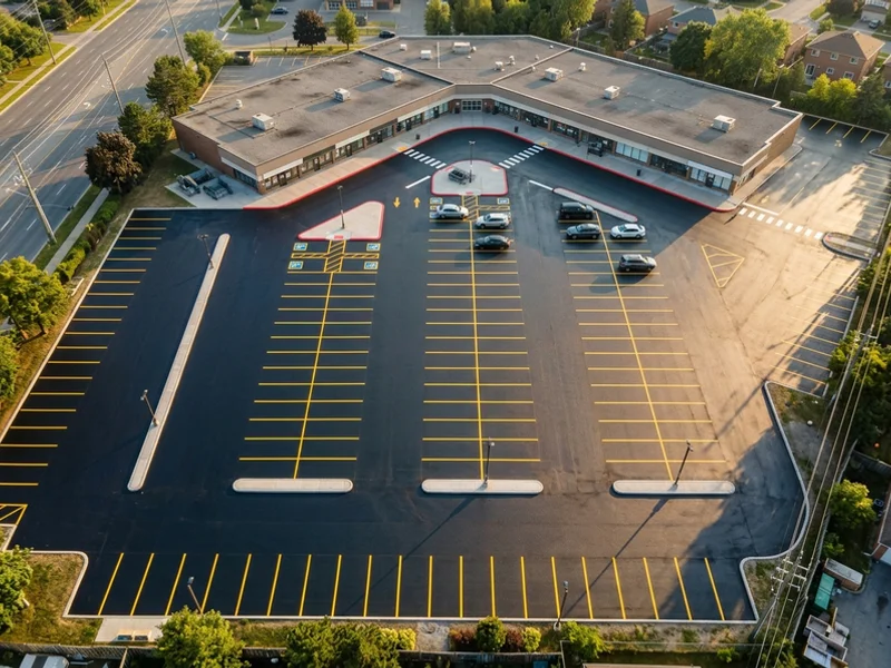 Aerial view of a 100-stall North York shopping plaza restripe
