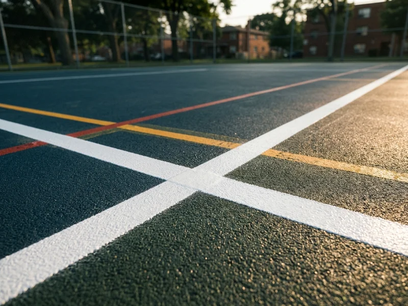 Crisp service box lines on a newly painted tennis court