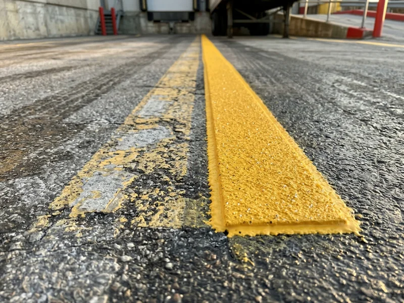 Thermoplastic trailer guide line replacing worn paint