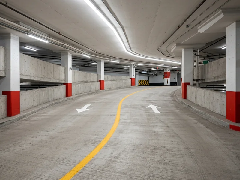 Ramp arrows and centre line in a multi-level Toronto parking garage
