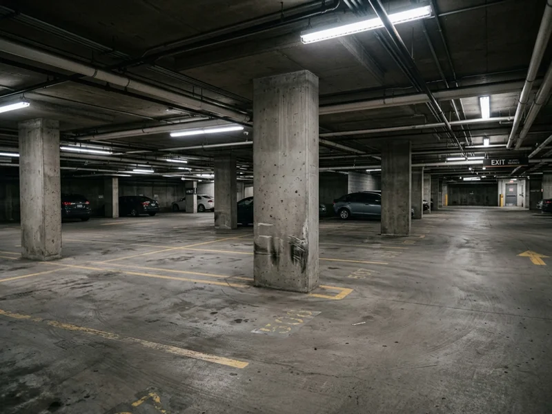 Before parking garage painting: faded lines in Toronto