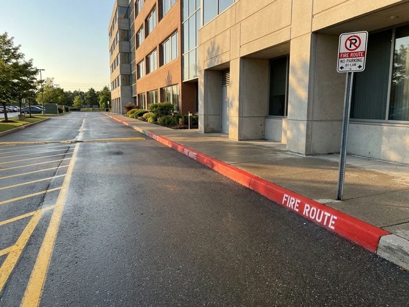 Fire route curb and lettering at a Mississauga office building