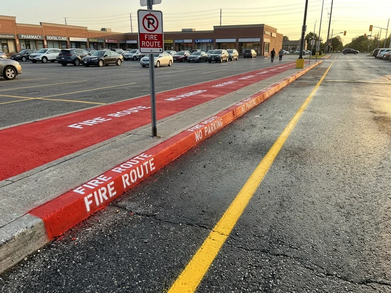 Fire route marking at a Golden Mile retail plaza in Scarborough