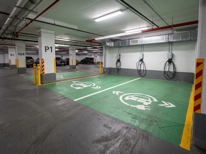 EV charging markings Toronto after: green EV stalls in Forest Hill