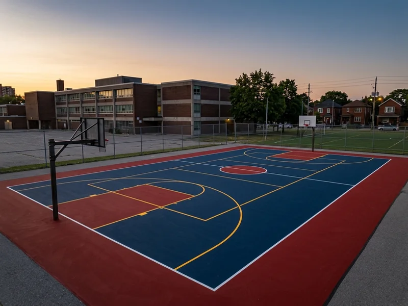 Full-size high school basketball court in Toronto after line painting