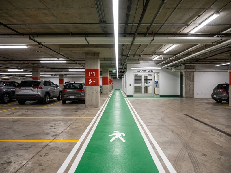 Pedestrian path marking to an elevator lobby in a Toronto garage