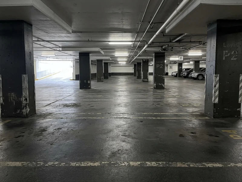 Parking garage line painting Toronto before: unmarked columns at Harbourfront