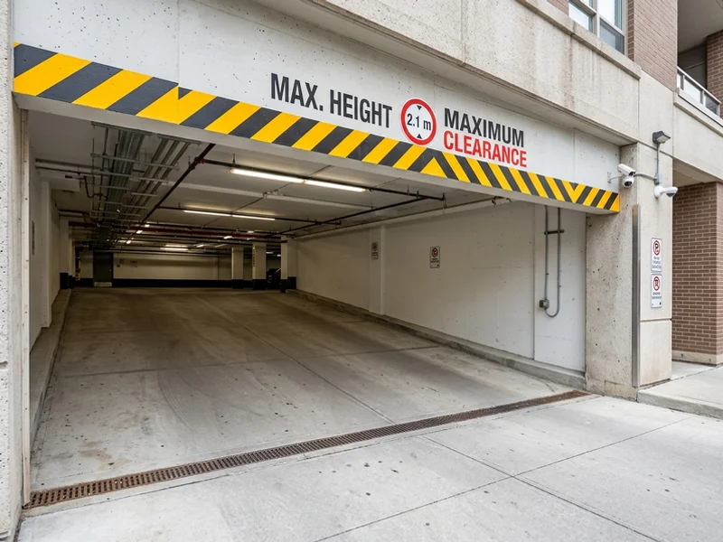 Height clearance markings at an Etobicoke garage entrance