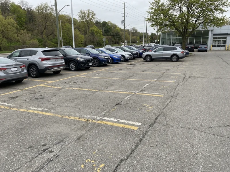 Dealership lot painting Toronto before: crooked rows in Hoggs Hollow