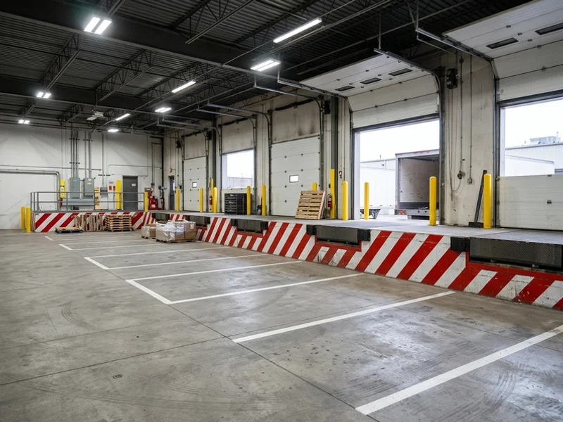 Dock edge hazard striping and staging boxes inside a GTA warehouse