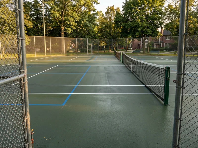 Court line painting Toronto after: tennis lines with blue pickleball overlay in Lawrence Park