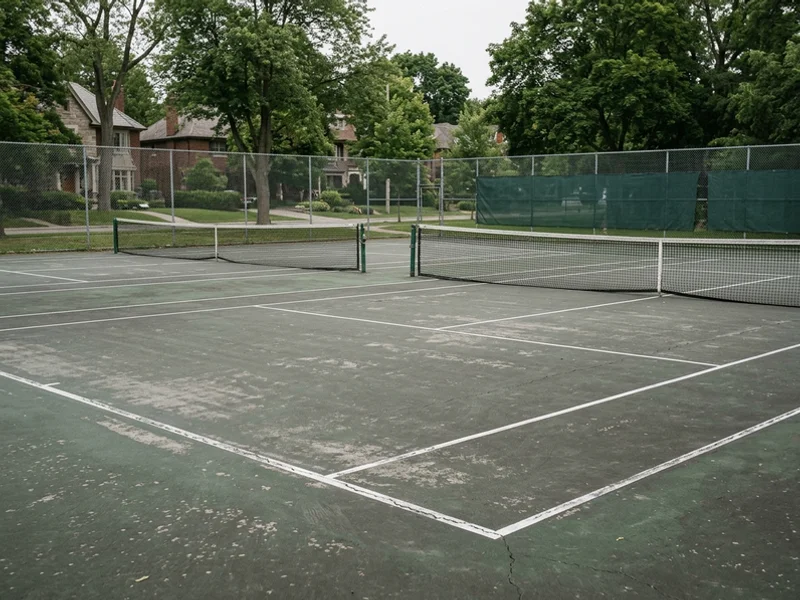 Court line painting Toronto before: faded tennis lines in Lawrence Park
