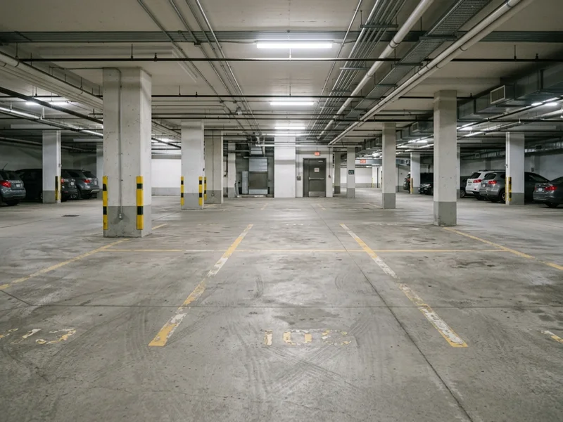 Condo line painting Toronto before: ghost lines in a Liberty Village garage