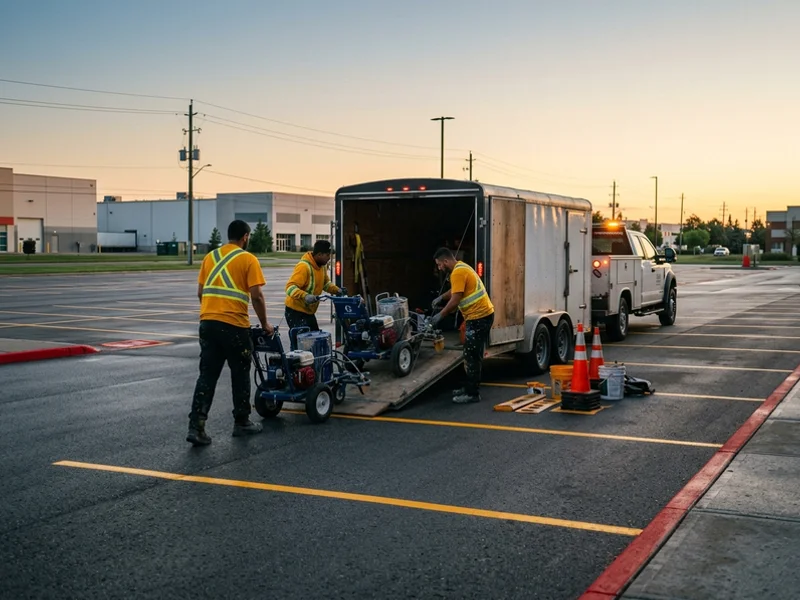 Line painting crew finishing an overnight commercial restripe at dawn