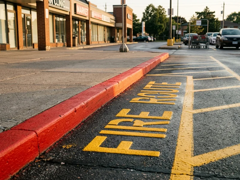 Thermoplastic fire route marking at a Leaside plaza in Toronto