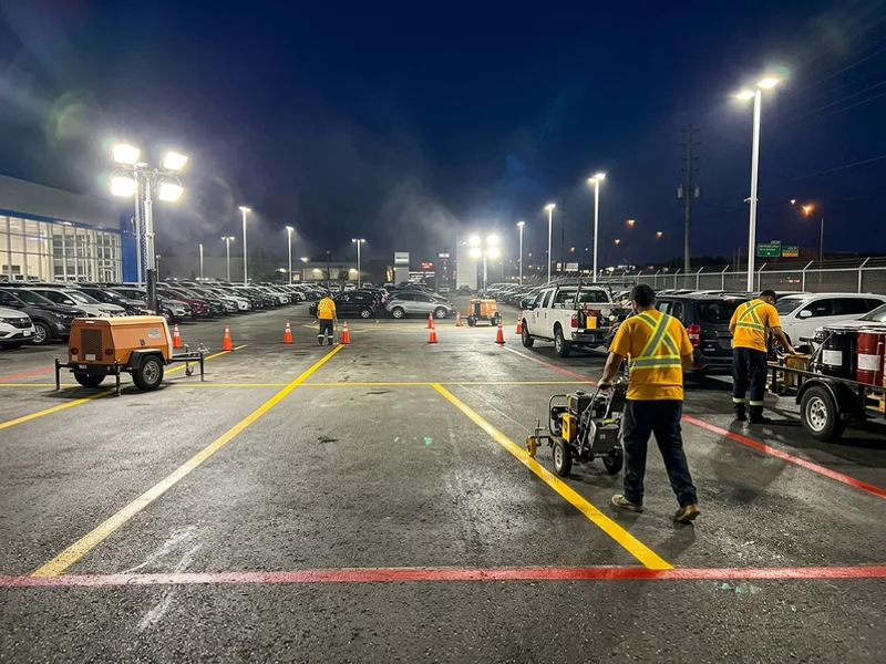 Overnight dealership restripe around inventory zones