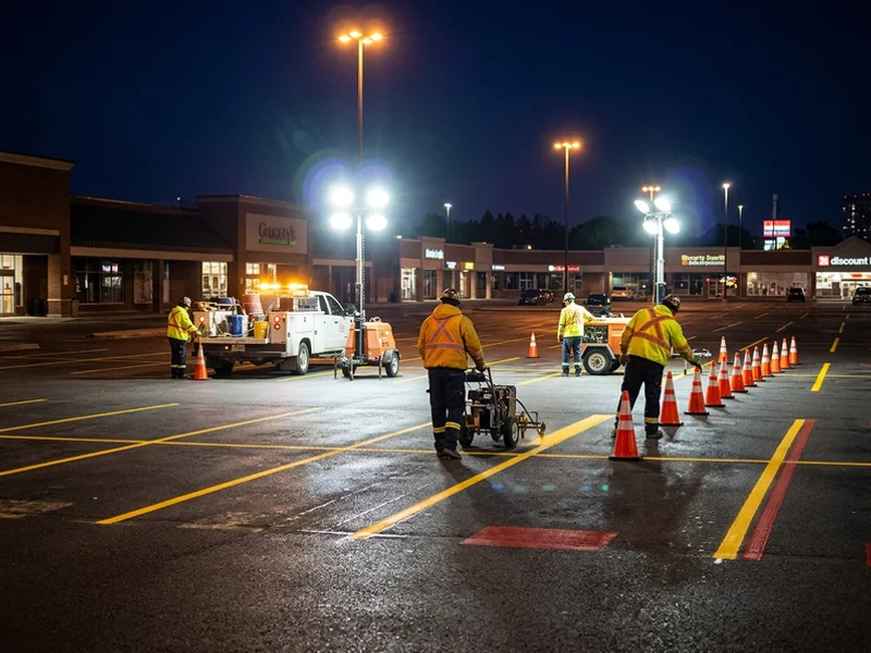 Overnight parking lot restriping crew working under floodlights in Toronto