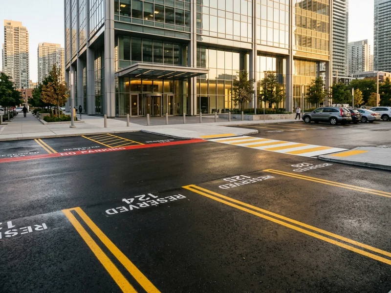 Office tower parking lot restripe with reserved stall numbers in downtown Toronto