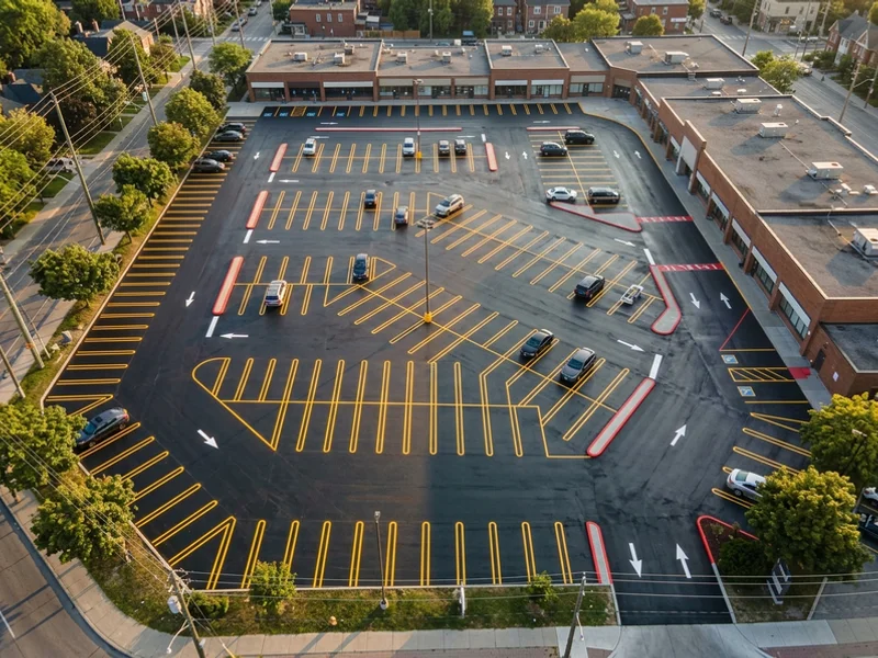 Parking lot line painting in Toronto: 120-stall Riverdale retail lot after restripe