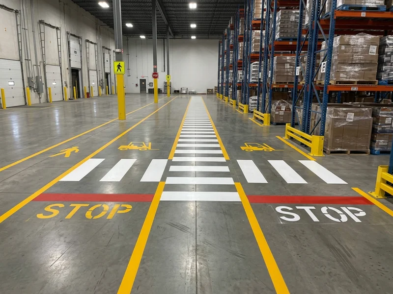 Pedestrian zebra crossing over a forklift lane in Concord