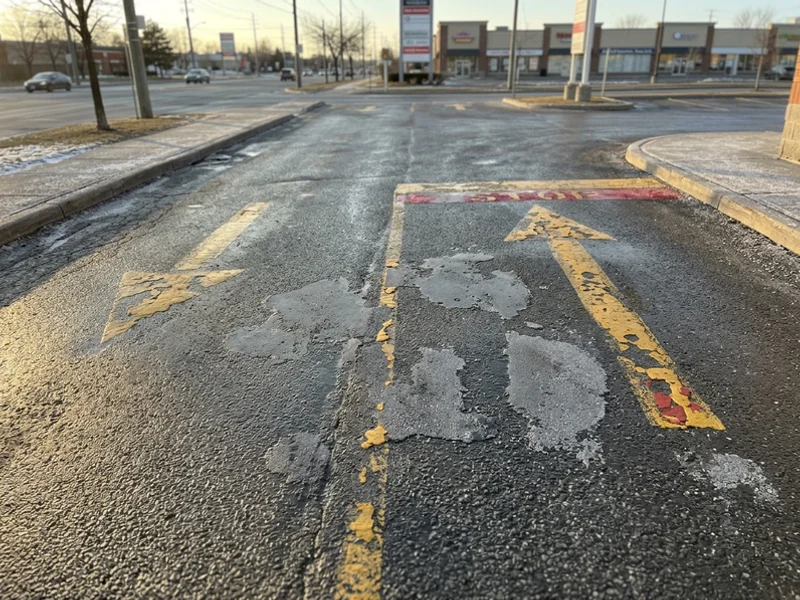 Before thermoplastic marking: faded lines in Toronto