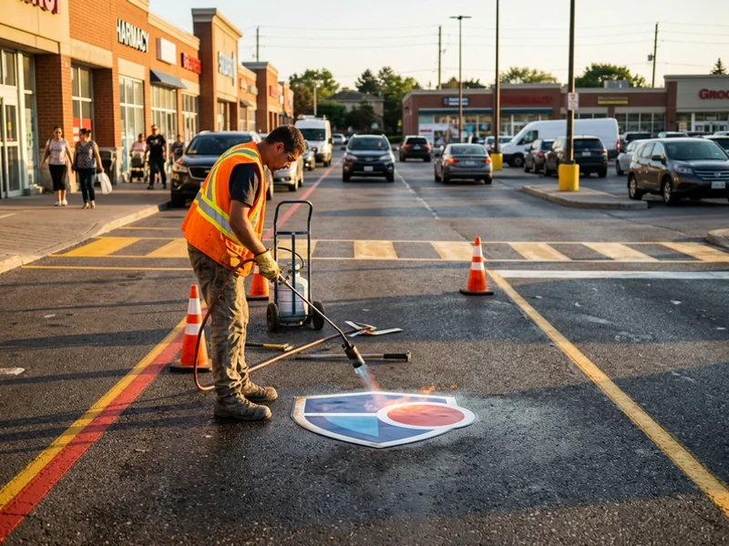Preformed thermoplastic logo installation at a Toronto plaza