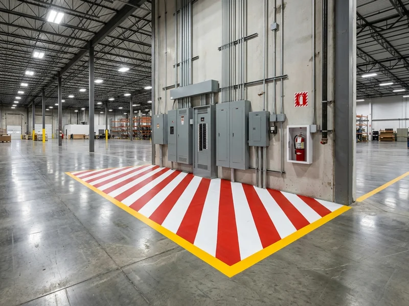 Hazard zebra striping around electrical panel in a GTA warehouse