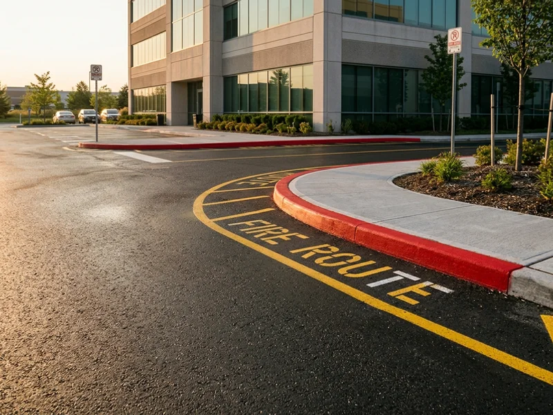 Red fire route curb at a Mississauga office building