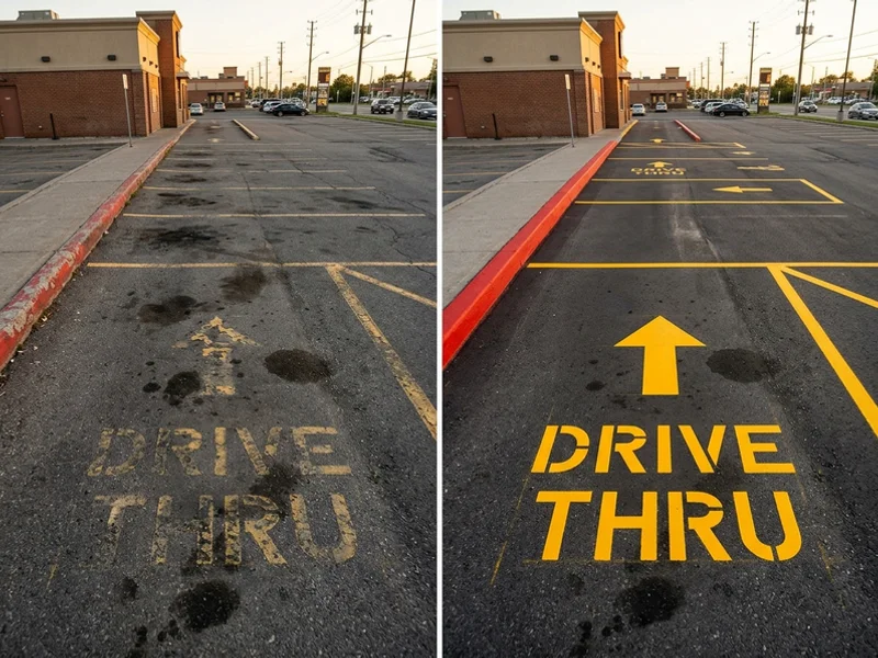 Before restaurant lot restriping: faded lines in Toronto