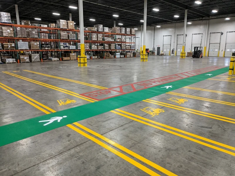 Warehouse line painting Toronto after: thermoplastic forklift lanes in Scarborough