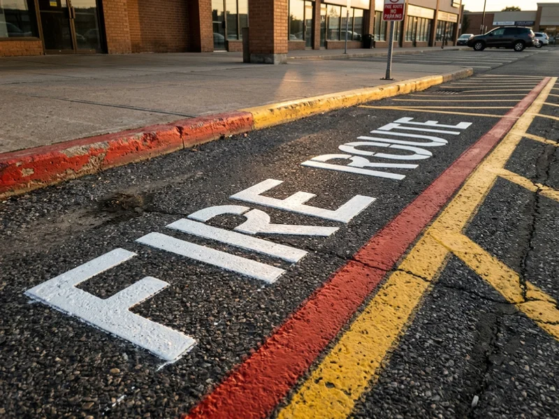 Thermoplastic FIRE ROUTE lettering in a Toronto plaza