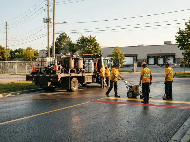 Thermoplastic kettle and crew applying a stop bar