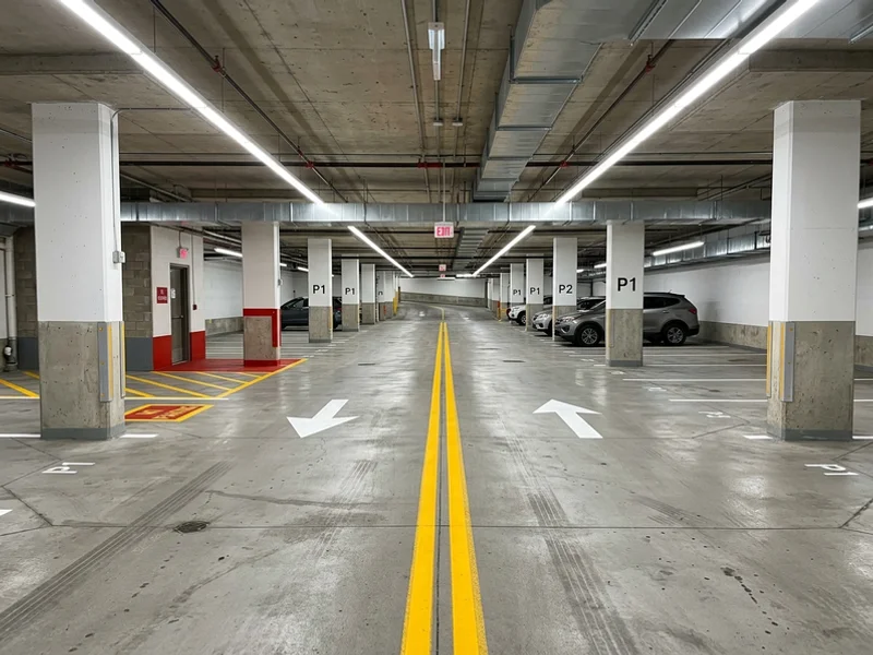 Condo garage drive aisle with arrows and centre line in Toronto