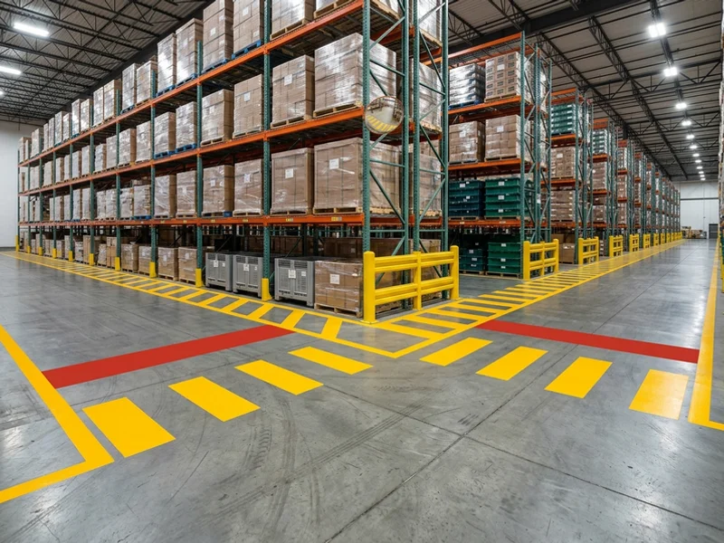 Forklift lane and pedestrian crossing markings in a Toronto warehouse