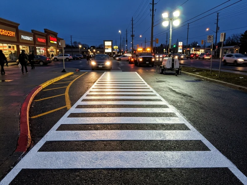 Retroreflective thermoplastic crosswalk at a Toronto plaza entrance