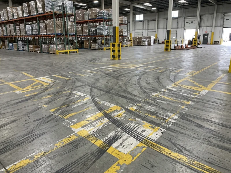 Before forklift lane marking: faded lines in Toronto