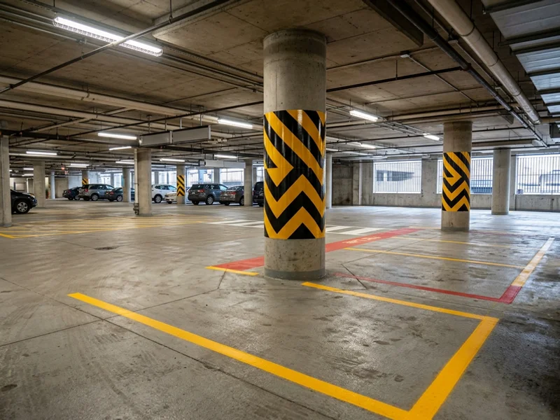 Column hazard chevrons in a Harbourfront parking garage