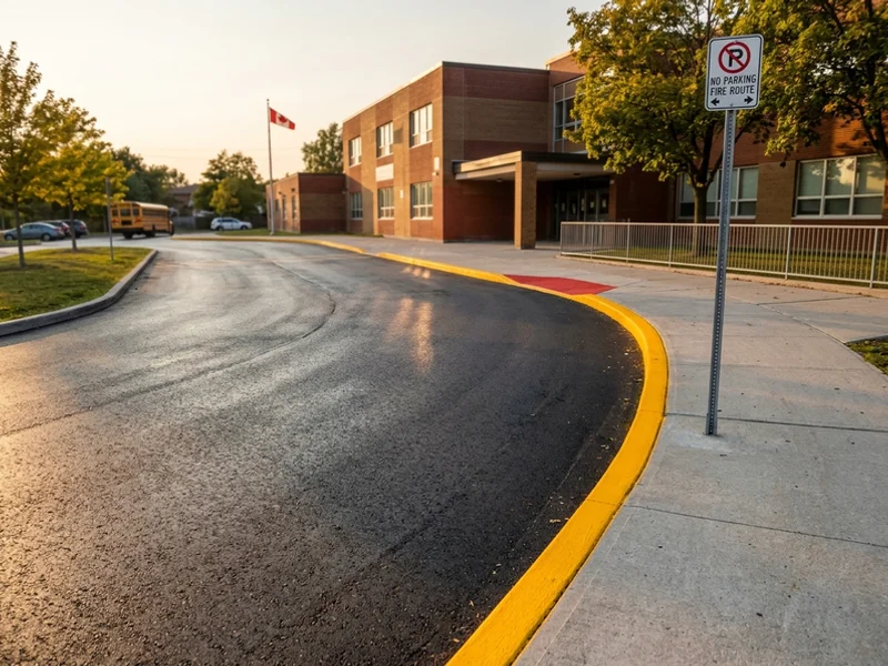 Yellow no-parking curb at a North York school drop-off loop