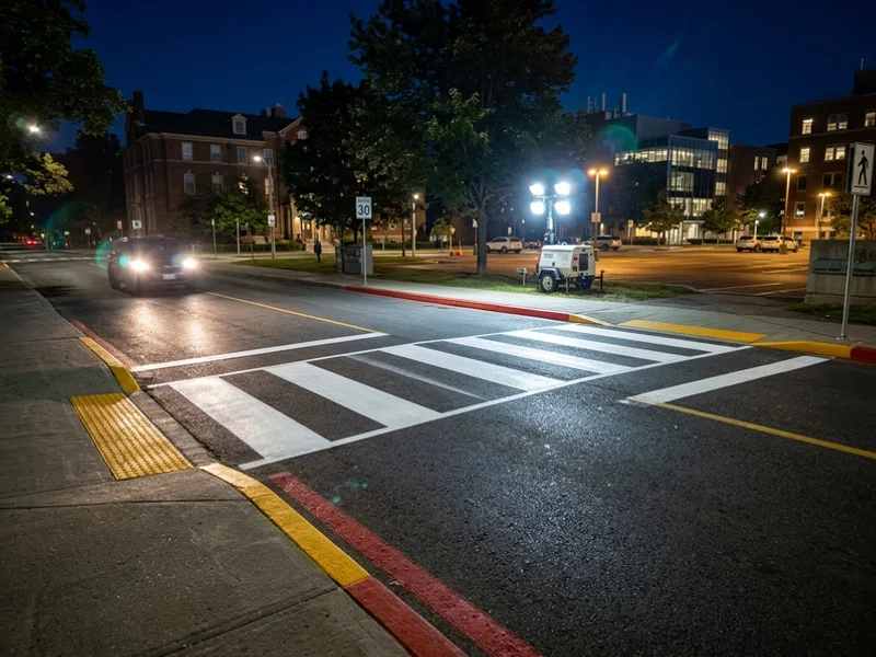 Retroreflective zebra crossing on a Toronto campus road at night