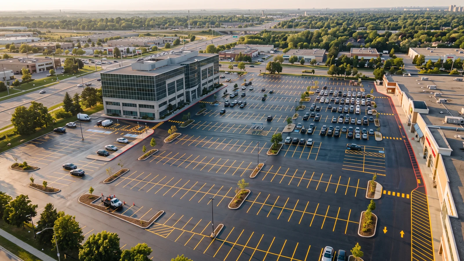 Commercial line painting in Toronto: freshly restriped commercial property parking lot