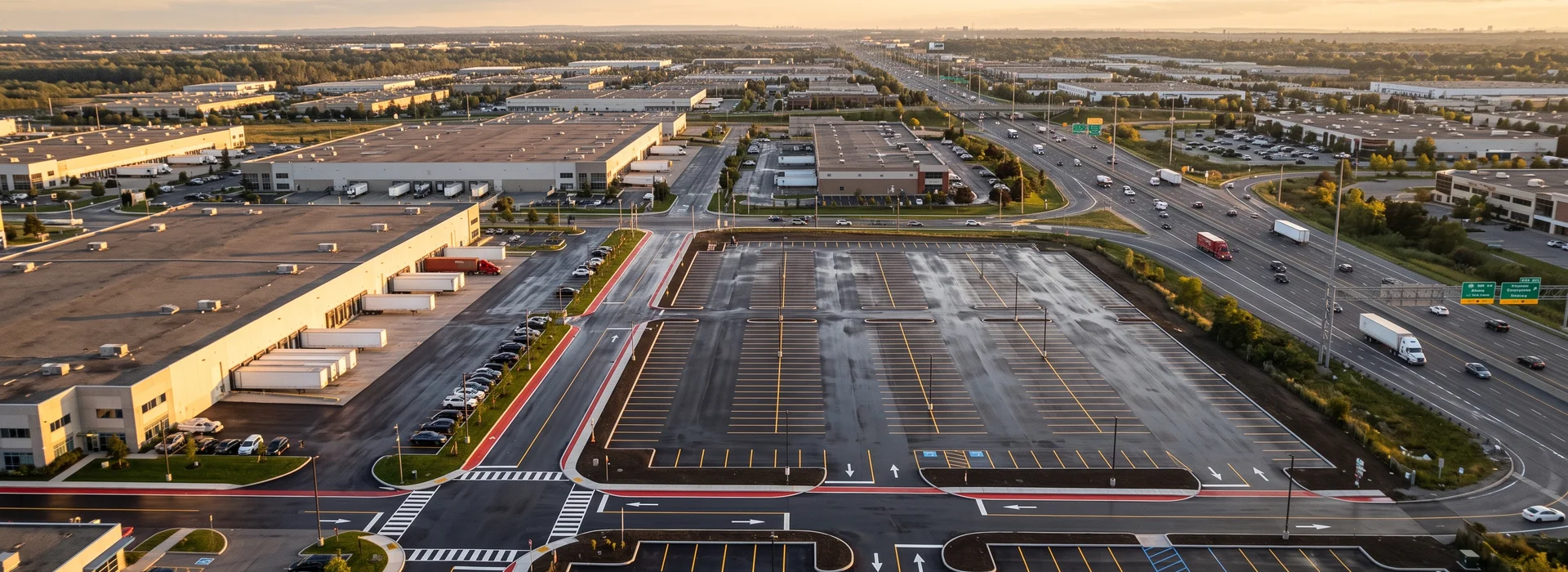 Aerial view of GTA commercial properties with freshly striped parking lots