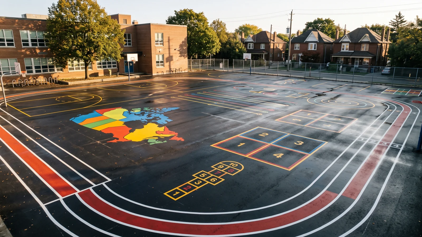 Playground game markings in Toronto: hopscotch, four square and a map of Canada on a school yard