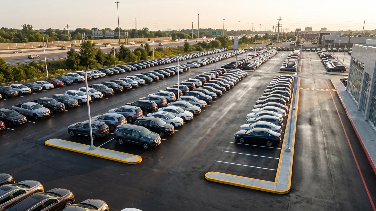 Dealership lot painting in Toronto area: new cars in freshly painted display rows