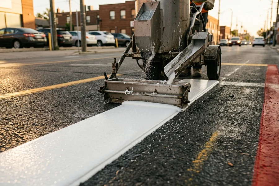 Screed box applicator laying a thermoplastic stop bar with drop-on glass beads