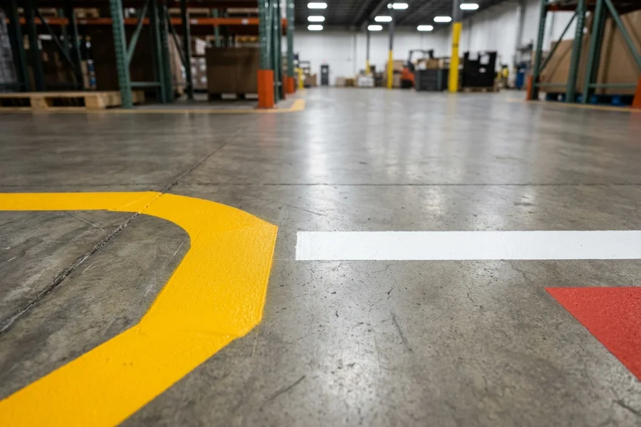 Thermoplastic forklift lane corner and stop bar in a GTA warehouse