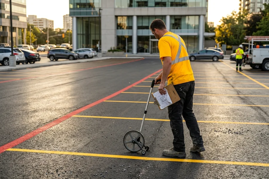Commercial estimator measuring a Toronto parking lot for a written restripe quote