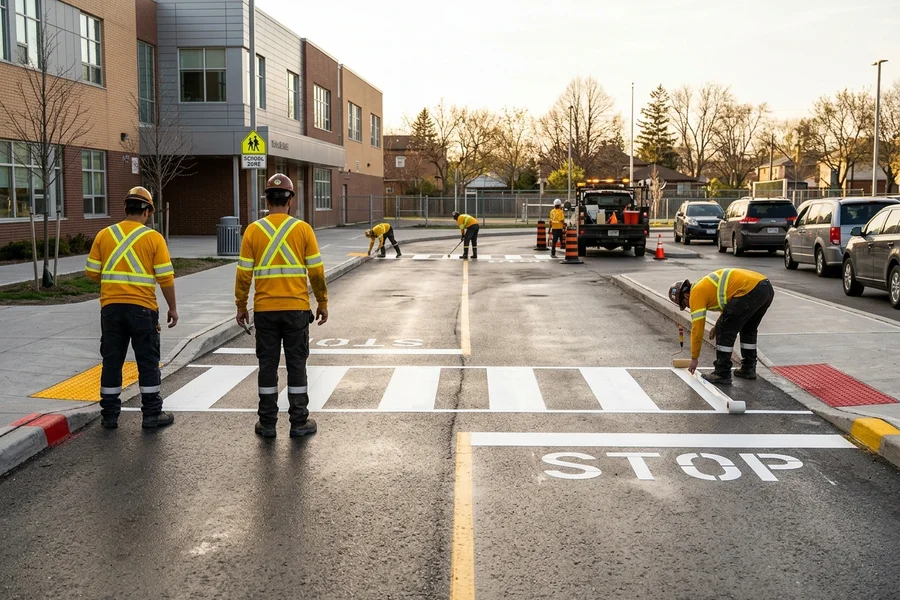 Preformed tape zebra crosswalk installation at a North York school