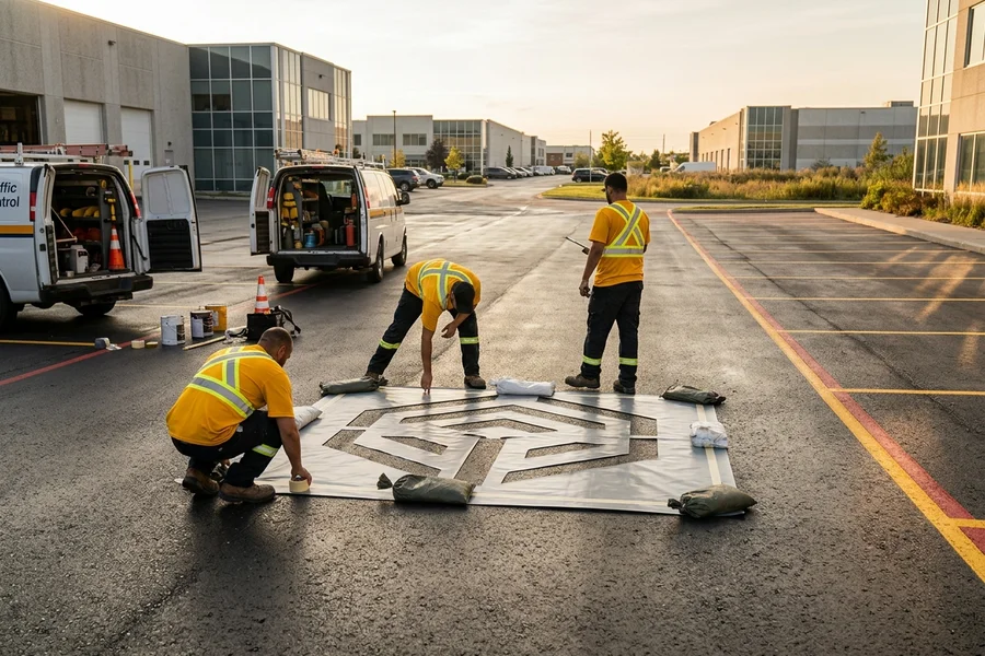 Custom logo stencil being positioned at a Vaughan business park