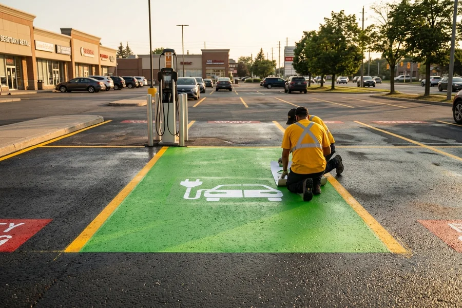 EV stencil being applied to a green EV stall in Richmond Hill
